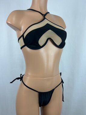 Sasuwa Mesh-Panel Black & Beige Women's Tie-Side Bikini Set M